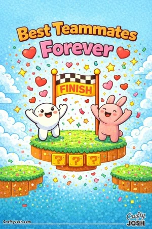 This fun Valentine’s Day coloring page celebrates friendship and teamwork with two happy characters cheering at a finish flag featuring the message ..