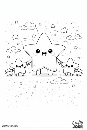 A big smiling star stands in the middle holding hands with four smaller star kids on each side, with clouds and little stars floating around them
