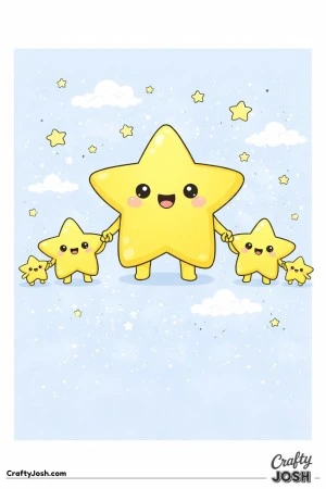 A big smiling star stands in the middle holding hands with four smaller star kids on each side, with clouds and little stars floating around them
