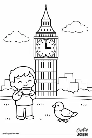 A young child enjoys a cup of tea at Big Ben in London and a pigeon stands close by