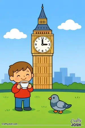 A young child enjoys a cup of tea at Big Ben in London and a pigeon stands close by