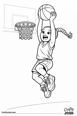 A young basketball player leaps high with both hands raised to secure a rebound near the hoop, smiling with joy and effort