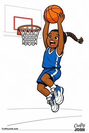 A young basketball player leaps high with both hands raised to secure a rebound near the hoop, smiling with joy and effort