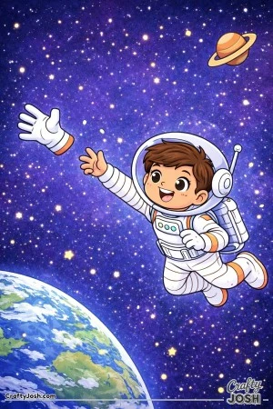 Oops! This cheerful astronaut is drifting sideways through space, laughing as a runaway glove floats just out of reach.