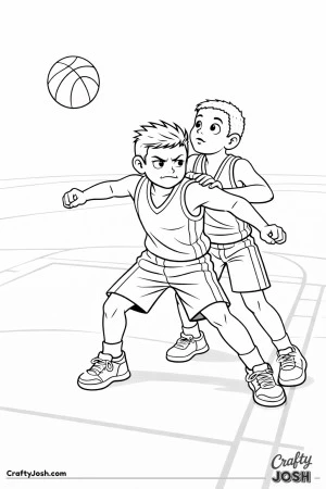 A young basketball player plants his feet and boxes out aggressively while an opposing player presses in from behind as the ball hovers above the key