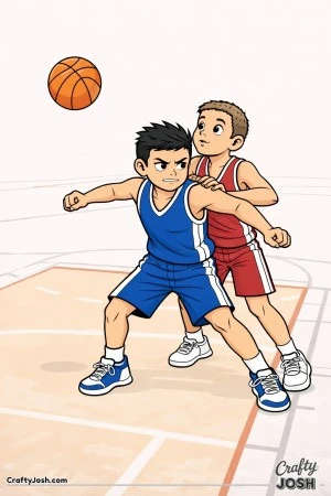 A young basketball player plants his feet and boxes out aggressively while an opposing player presses in from behind as the ball hovers above the key