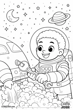 This image shows a smiling boy astronaut fixing a spaceship with a big wrench while floating in outer space, surrounded by stars and planets