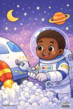 This image shows a smiling boy astronaut fixing a spaceship with a big wrench while floating in outer space, surrounded by stars and planets