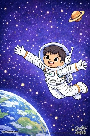A happy astronaut floats near Earth with arms stretched wide, drifting through space as stars sparkle all around him.