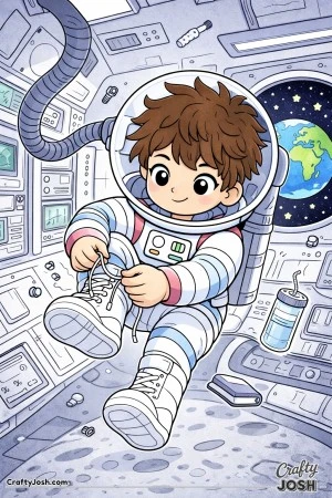 Floating freely in space, this playful astronaut tries to tie his shoelaces while drifting in zero gravity.