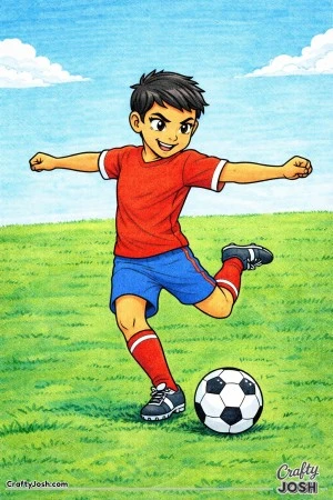 A young soccer player prepares for a powerful long-distance shot