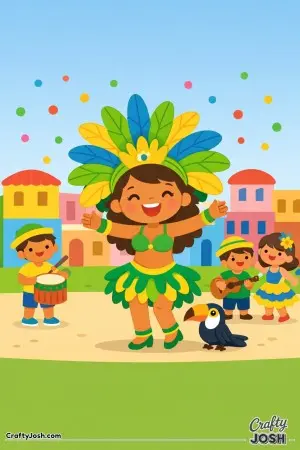 Join the fun at a lively Brazilian Carnival where a joyful dancer leads the celebration.