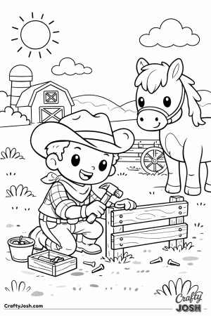 Out on a sunny farm, a smiling cowboy builds a sturdy fence while his gentle horse keeps watch nearby.