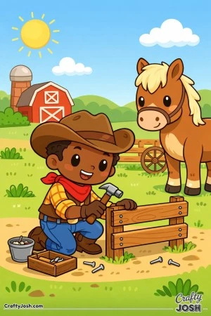 Out on a sunny farm, a smiling cowboy builds a sturdy fence while his gentle horse keeps watch nearby.