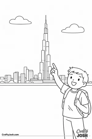 A smiling traveler points up at the Burj Khalifa as it rises high above the city
