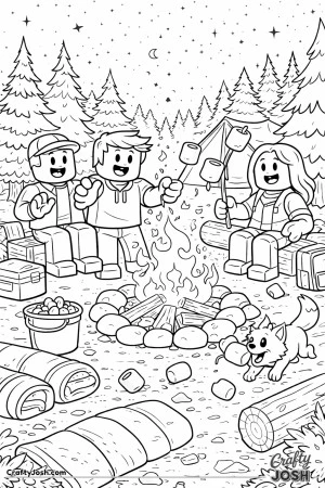 A fun Roblox-inspired campsite scene showing friends around a campfire roasting marshmallows while a playful pet steals one, with sleeping bags, ..