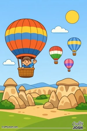 Float high above Cappadocia as friendly hot air balloons drift over soft, rounded rocks, inspired by the colorful reference picture