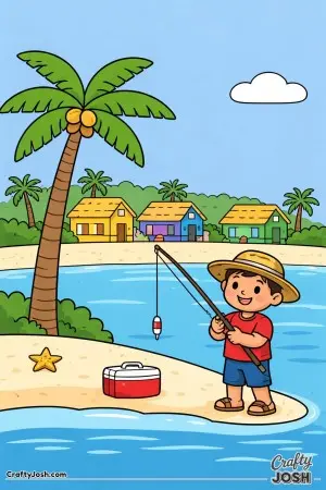 A cheerful fisherman enjoys a calm day by the water as colorful island houses sit quietly in the background under a sunny sky.