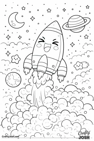 This image shows a laughing cartoon rocket blasting off into outer space, surrounded by bubbly smoke clouds, smiling stars, a crescent moon, and ..