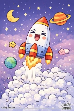 This image shows a laughing cartoon rocket blasting off into outer space, surrounded by bubbly smoke clouds, smiling stars, a crescent moon, and ..