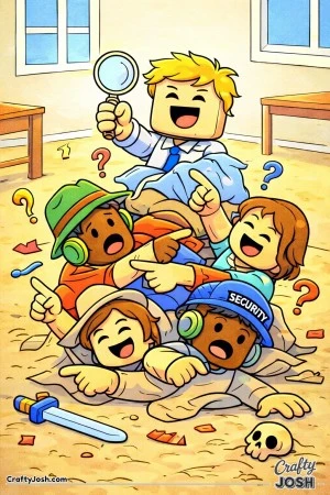 A silly Roblox-inspired coloring page showing a tangled pile of blocky avatars after a mystery goes nowhere, with one character proudly holding an ..