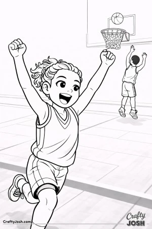 A young basketball player raises her arms in celebration after assisting a teammate, as the ball drops toward the hoop from above for a successful ..