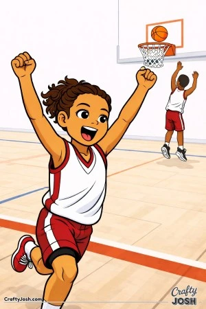 A young basketball player raises her arms in celebration after assisting a teammate, as the ball drops toward the hoop from above for a successful ..