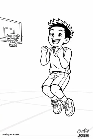 A young basketball player celebrates after making a big shot, jumping with clenched fists, a wide smile, and a simple hoop visible nearby