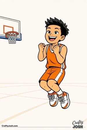 A young basketball player celebrates after making a big shot, jumping with clenched fists, a wide smile, and a simple hoop visible nearby
