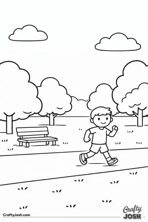 Take a happy walk through Central Park, where a smiling jogger runs along a quiet path lined with round, friendly trees.