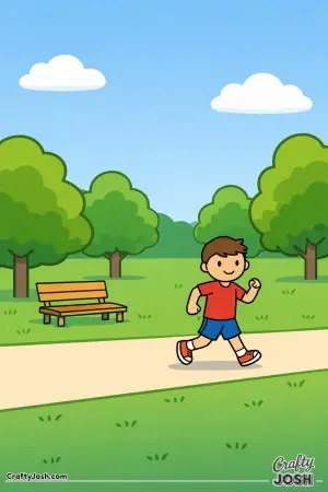 Take a happy walk through Central Park, where a smiling jogger runs along a quiet path lined with round, friendly trees.