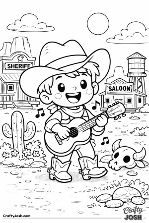 Strum along with this happy cowboy as he plays his guitar in a sunny western town.