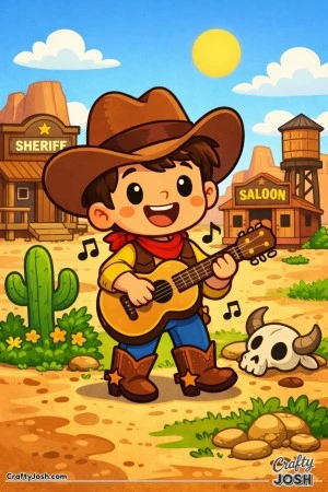 Strum along with this happy cowboy as he plays his guitar in a sunny western town.