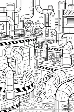This image shows a Sonic-style industrial environment filled with curved pipes, platforms, ladders, gears, and flowing liquid shapes arranged in a ..