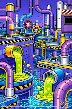 This image shows a Sonic-style industrial environment filled with curved pipes, platforms, ladders, gears, and flowing liquid shapes arranged in a ..