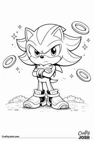 A chibi Shadow the Hedgehog stands still surrounded by floating rings and star shapes
