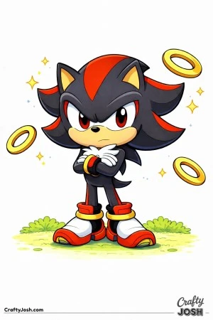 A chibi Shadow the Hedgehog stands still surrounded by floating rings and star shapes