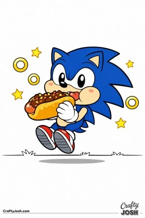 This image shows a cute chibi-style Sonic the Hedgehog holding a giant chili dog