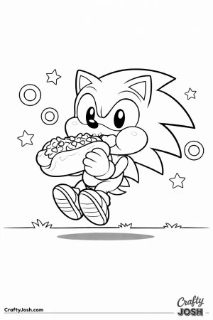 This image shows a cute chibi-style Sonic the Hedgehog holding a giant chili dog