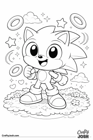 A cute chibi-style Sonic the Hedgehog stands smiling surrounded by floating rings and stars