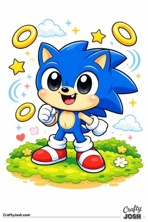 A cute chibi-style Sonic the Hedgehog stands smiling surrounded by floating rings and stars