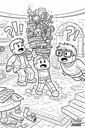 A silly Roblox-inspired hallway scene where a big-headed avatar tiptoes dramatically while an outrageously dressed sneaky friend and a long-armed ..