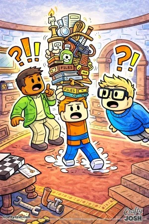 A silly Roblox-inspired hallway scene where a big-headed avatar tiptoes dramatically while an outrageously dressed sneaky friend and a long-armed ..