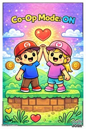 This playful Valentine’s Day coloring page features two cartoon game avatars high-fiving on a platform with the message “Co-Op Mode: ON.”