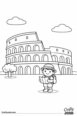 Meet a happy explorer visiting the famous Colosseum, inspired by the bright and simple color artwork.