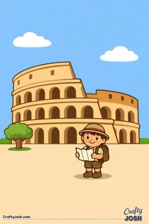 Meet a happy explorer visiting the famous Colosseum, inspired by the bright and simple color artwork.