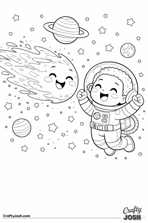 A smiling comet zooms past planets and stars while a cheerful astronaut floats nearby with both fists raised in excitement