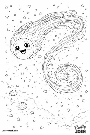 A smiling comet flies across the sky with a long curly trail streaming behind it