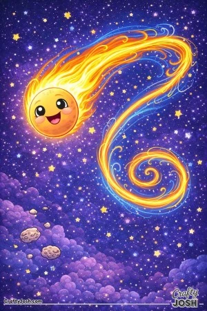 A smiling comet flies across the sky with a long curly trail streaming behind it