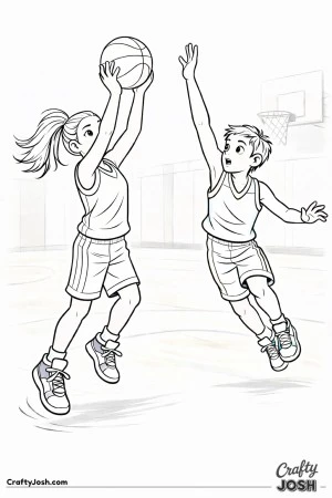 A young basketball player rises into a jump shot while an opposing defender leaps beside her with an arm raised to contest the play